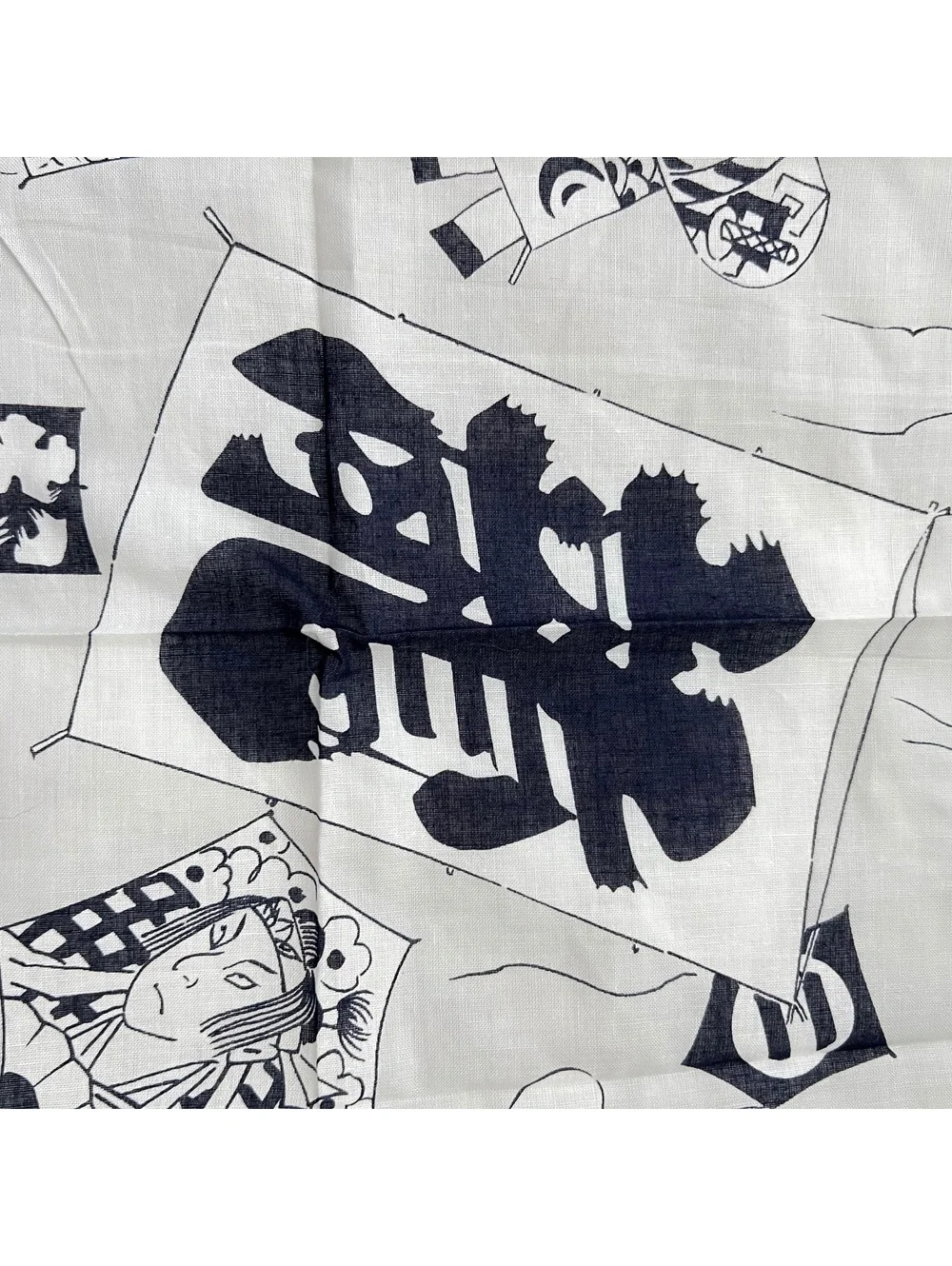Japanese Kite Festival Scarf Navy White Daruma Folk Art Linen Look 16.5”